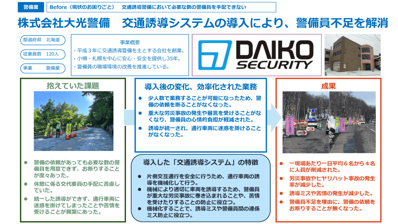 交通誘導システムの導入により、警備員不足を解消